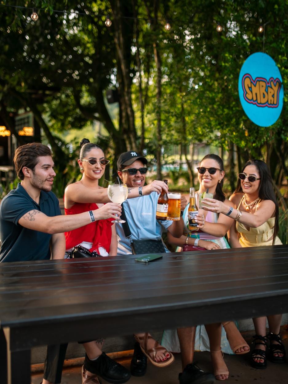 Grupo brindando na mesa do jardim